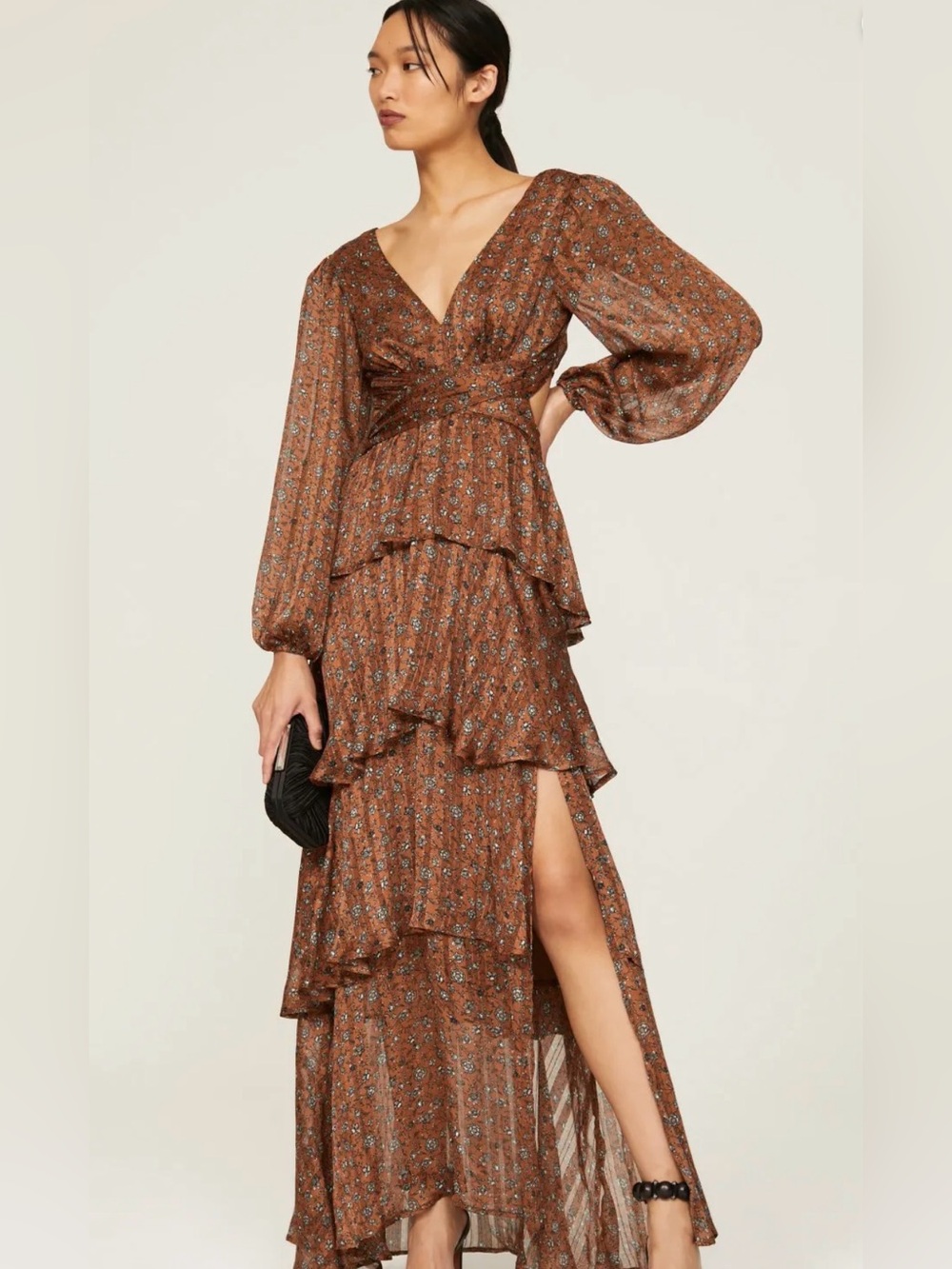 ASTR Brown Floral Tiered Maxi Dress with Long Sleeves